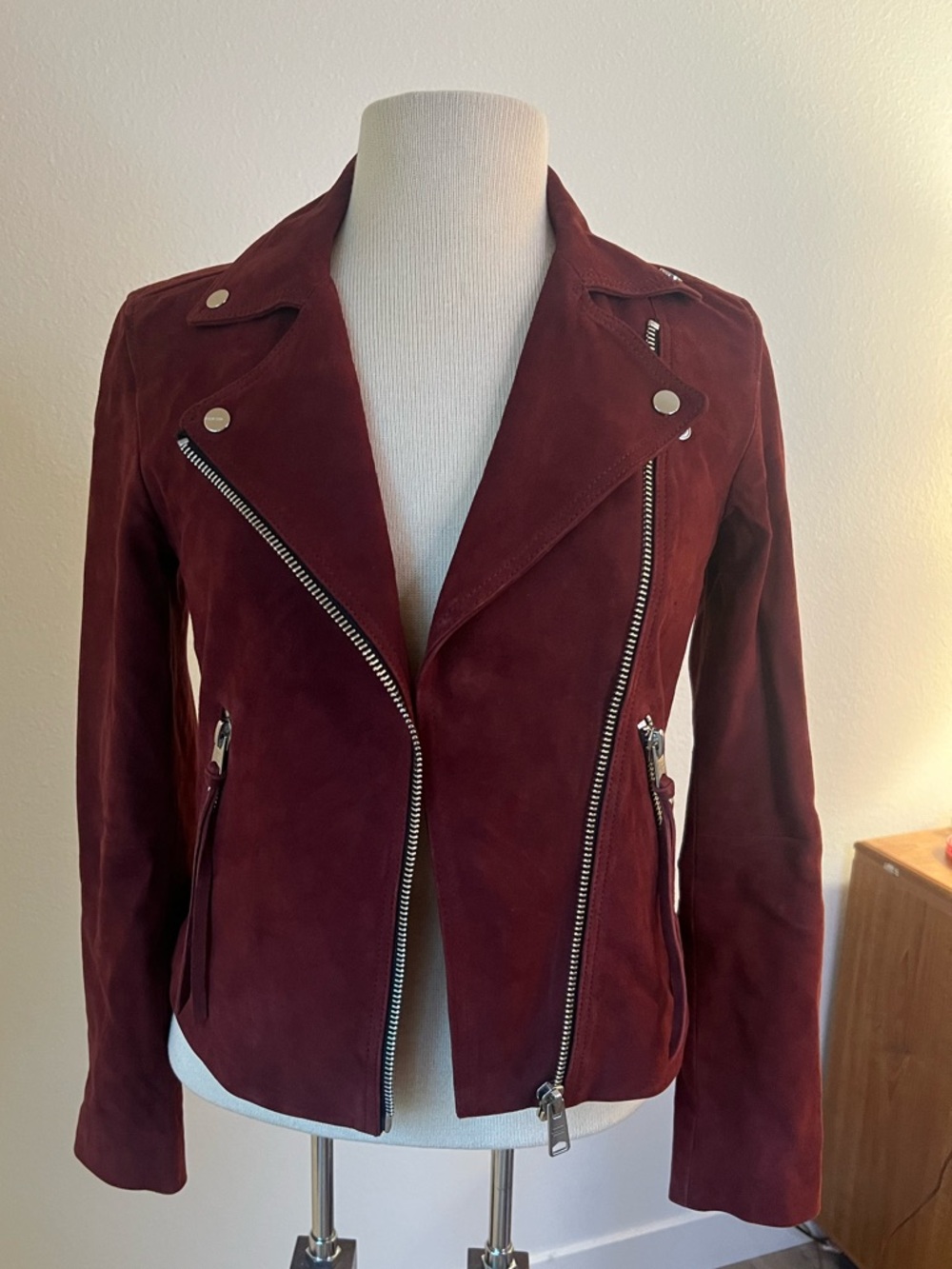 AllSaints Women's Suede Moto Jacket in Burgundy